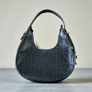 Woman's Faux Leather Black Purse Small Handbag Adjustable Strap Curved Modern